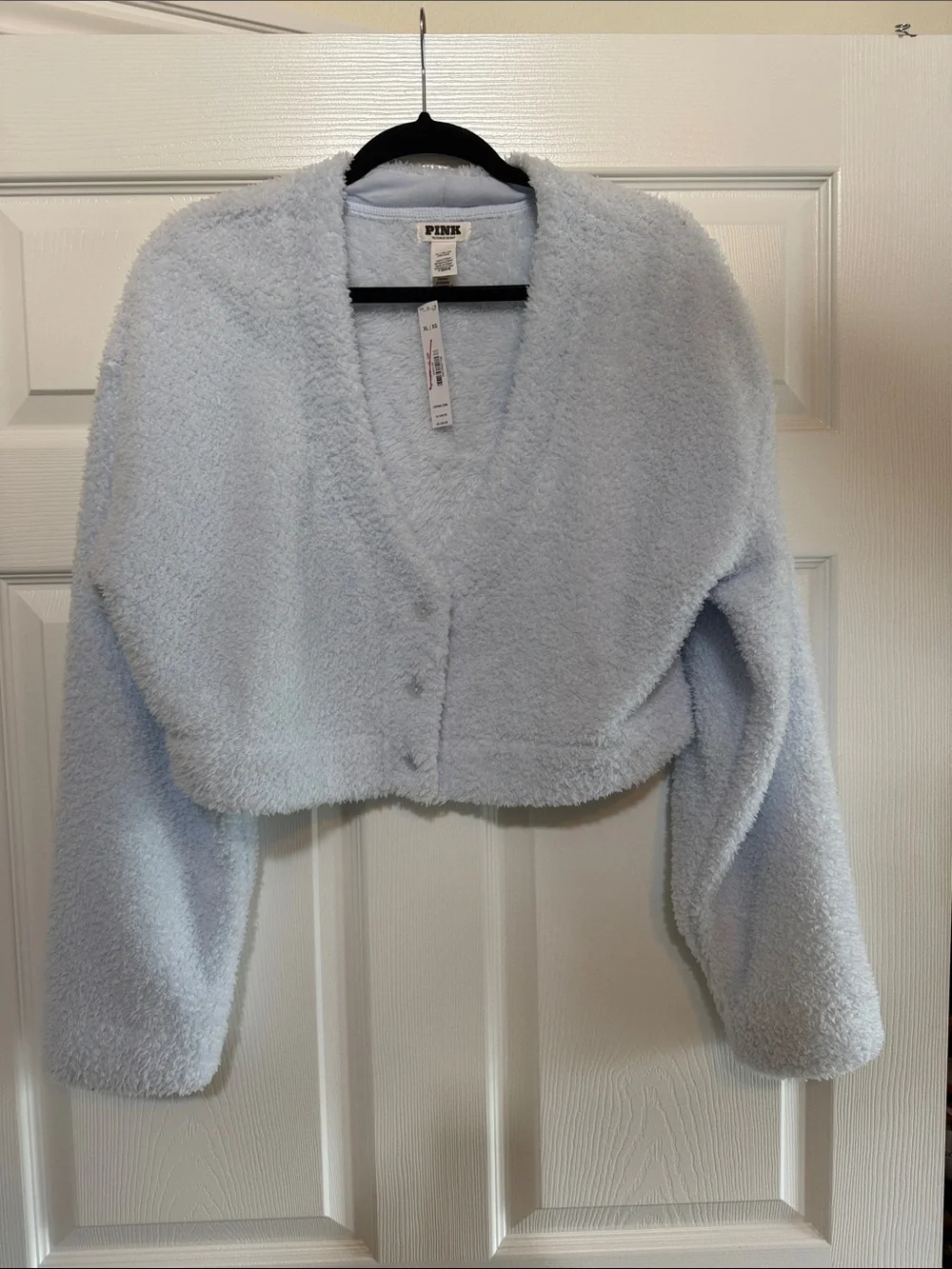 PINK Victoria’s Secret Cozy Cropped Fuzzy Teddy Bear Cardigan Light Blue NWT XL - Picture 1 of 4